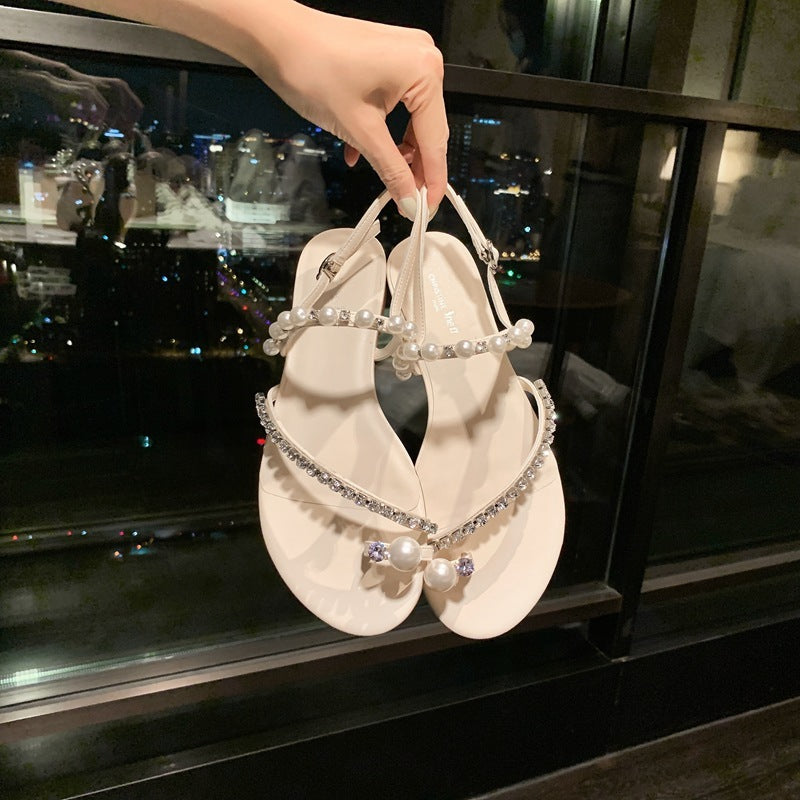 Sandales plates à perles avec strass pour femmes