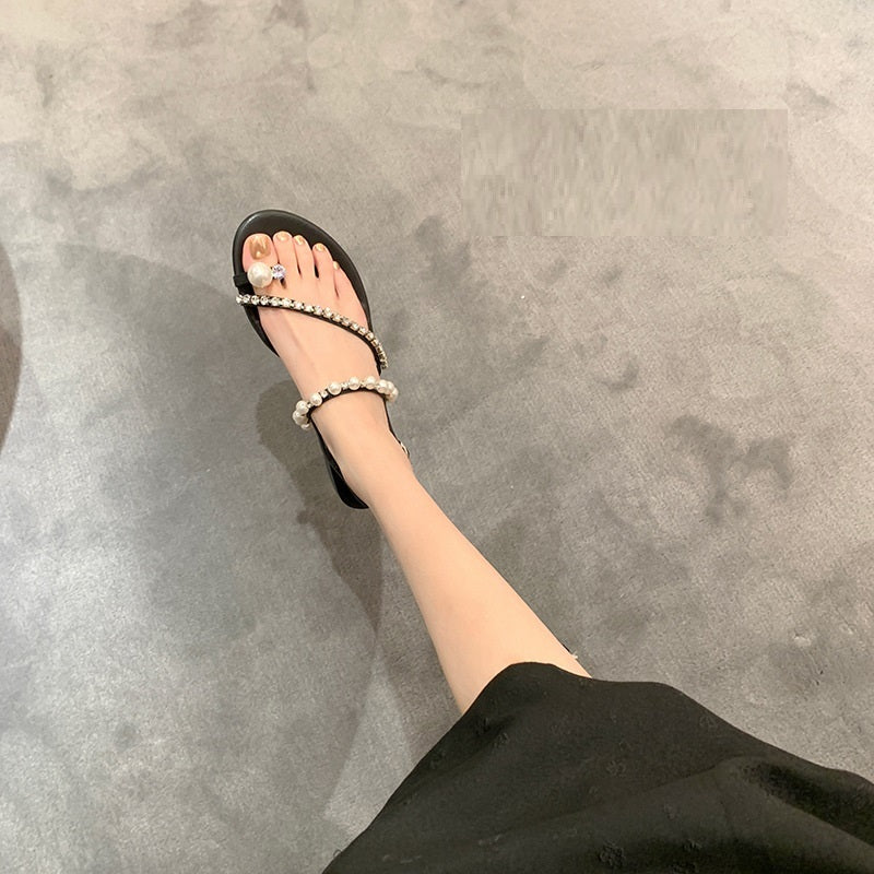 Sandales plates à perles avec strass pour femmes