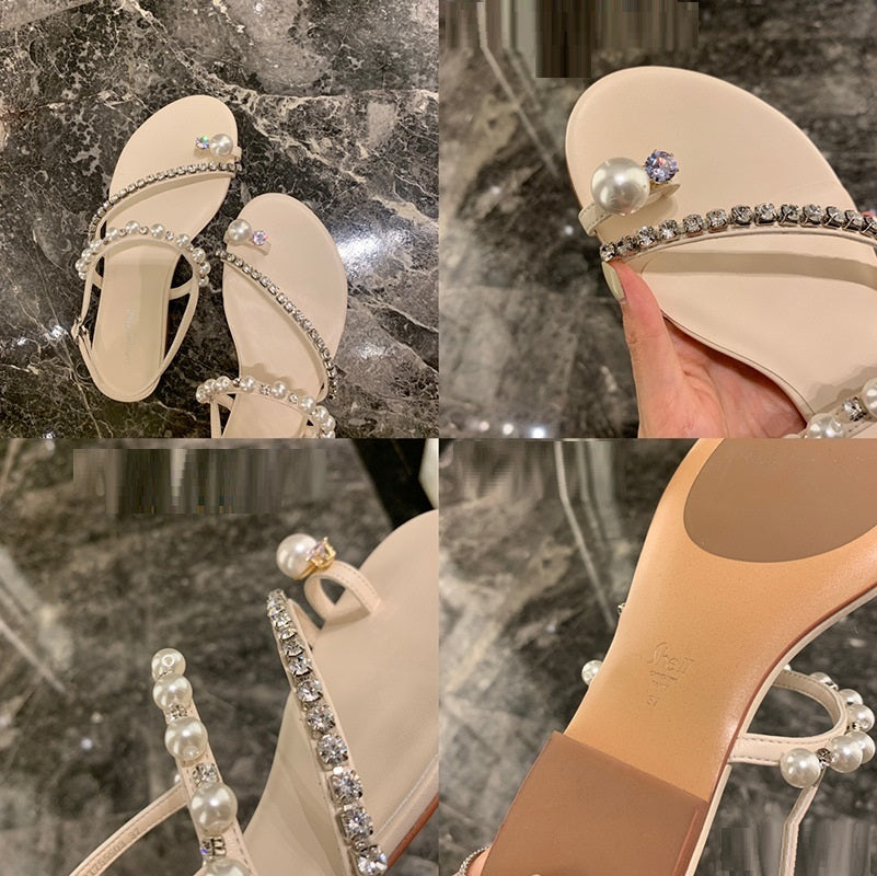 Sandales plates à perles avec strass pour femmes