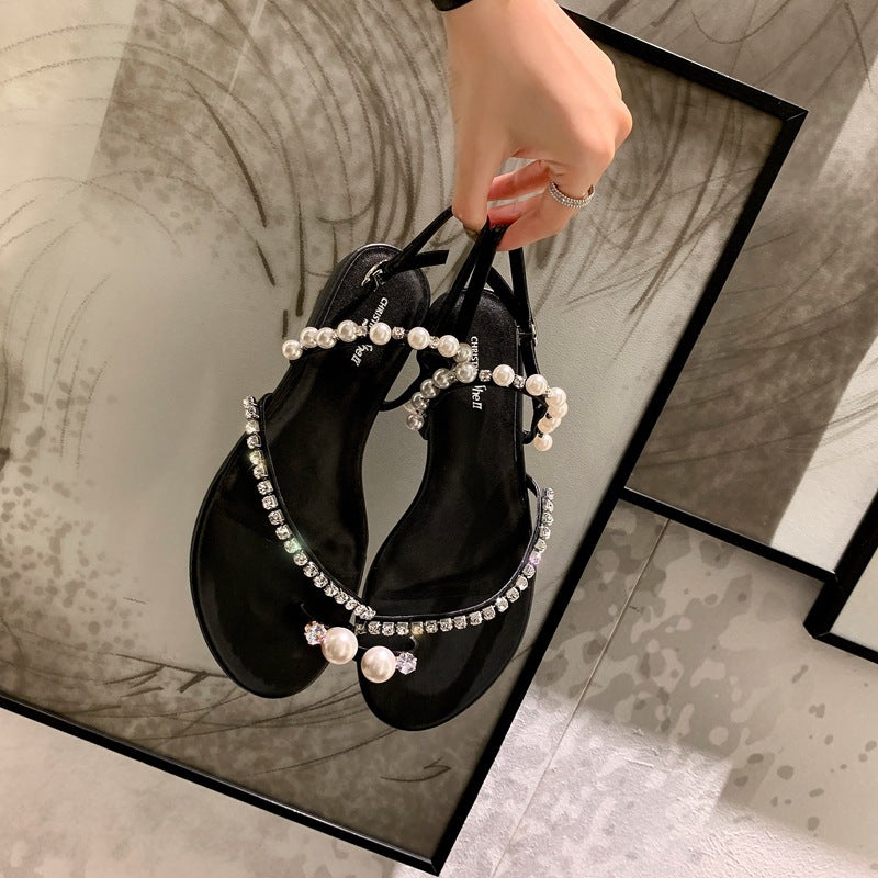 Sandales plates à perles avec strass pour femmes