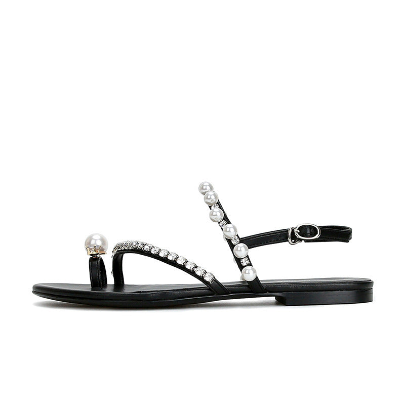 Sandales plates à perles avec strass pour femmes