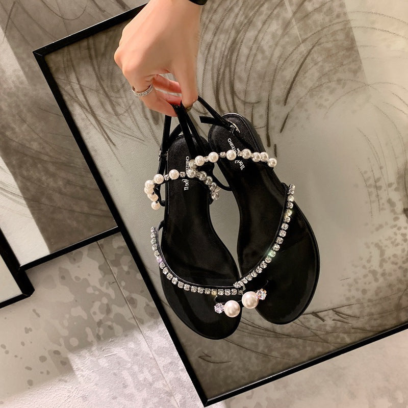 Sandales plates à perles avec strass pour femmes