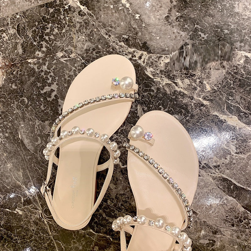 Sandales plates à perles avec strass pour femmes